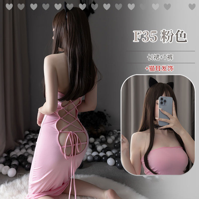 Image of Long skirt tie plus size erotic lingerie leopard print passion nightclub lady can wear uniform to seduce adult tight